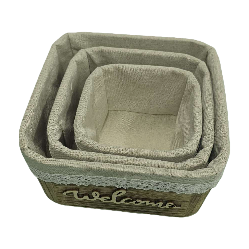 Beige fabric storage basket set, three-piece home living room and bedroom organizing basket set Item Picture