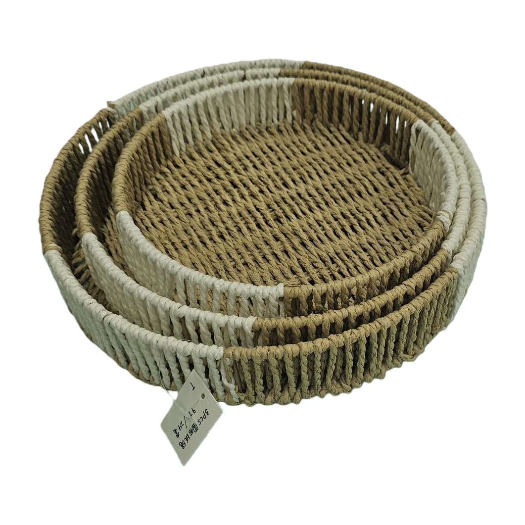 Beige and brownish woven round tray set Item Picture