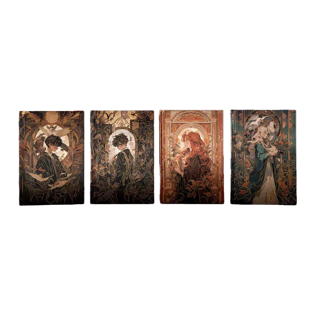 Four Magic Friendship hardcover notebooks with upright illustrations, fantasy characters, and warm wooden countertops Item Picture