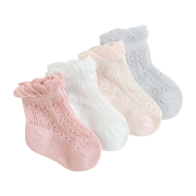 Four pairs of lace-trimmed knitted baby socks in pink, white, beige and grey Item Picture
