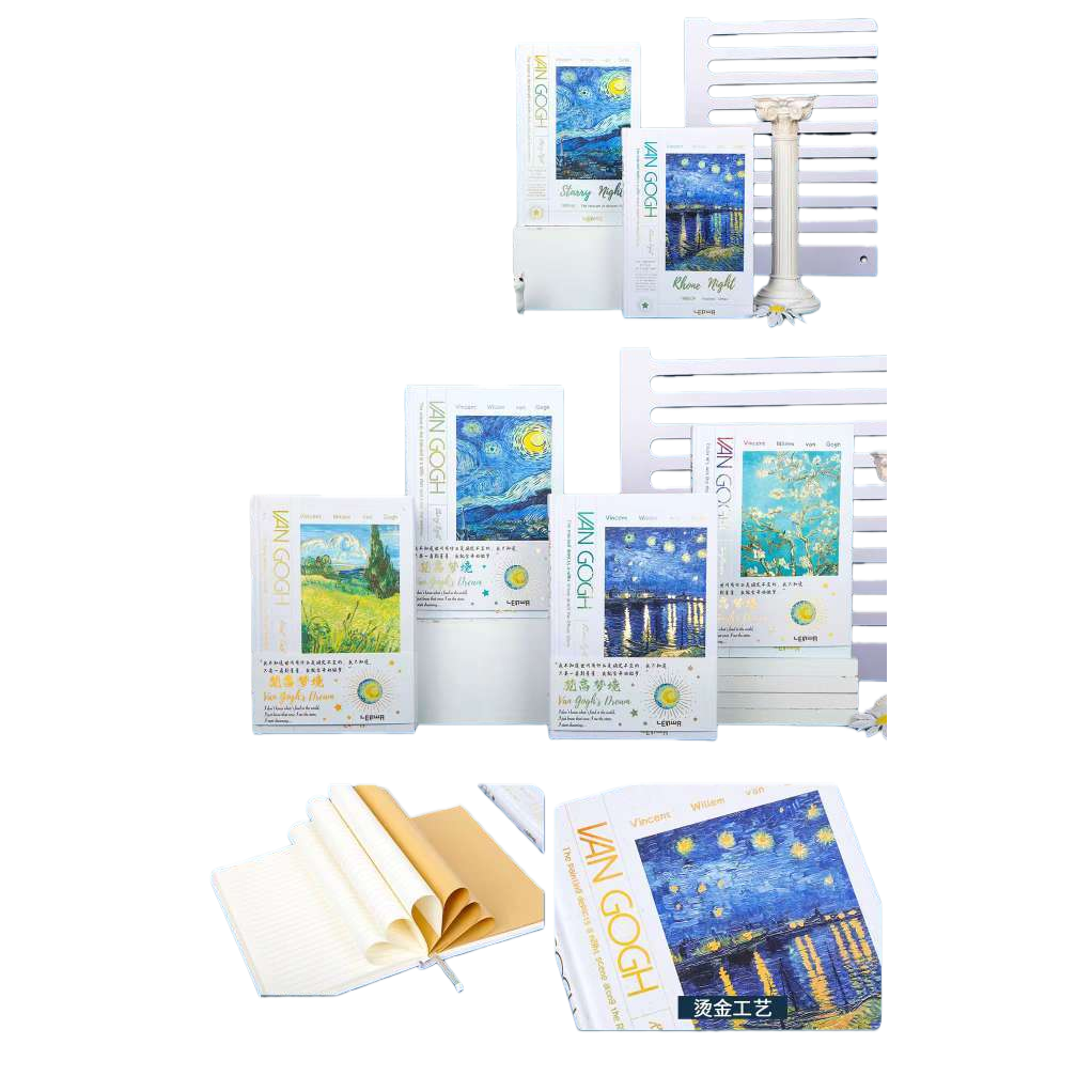 Van Gogh's Dream Blue A5 hardcover notebook, Starry Night Wheat field with crows on the cover, gold-embossed kraft paper with horizontal lines on the inner pages Item Picture