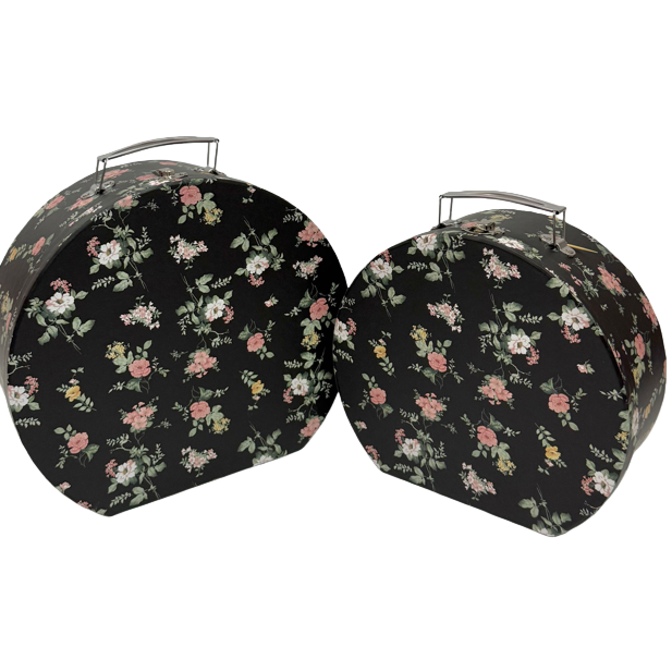 A fashionable and lightweight travel storage case with a black floral pattern round suitcase Item Picture