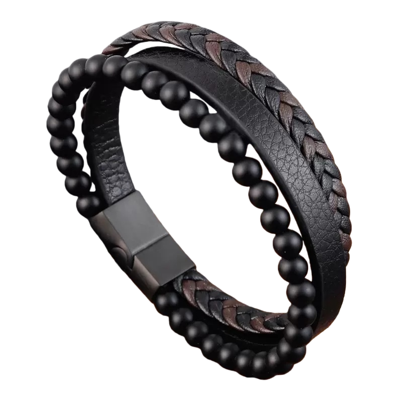 Black woven leather bracelet with black bead magnetic clasp Item Picture