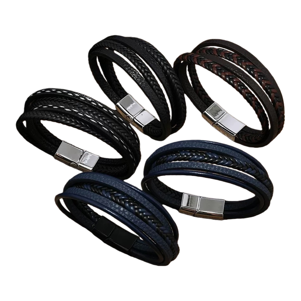 Black and blue woven leather bracelet with silver magnetic clasp Item Picture
