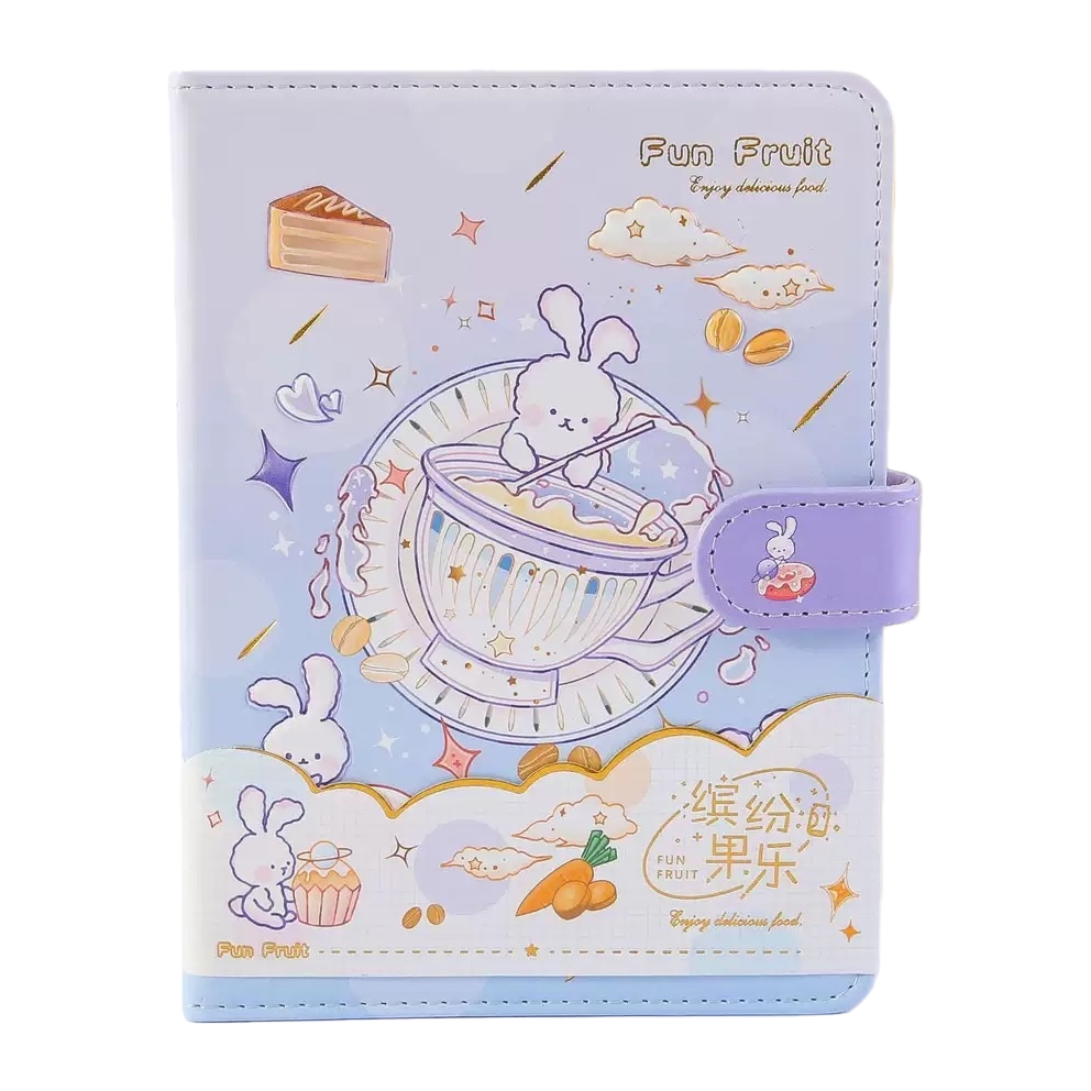 A light purple cartoon rabbit tea-making notebook with purple magnetic clasp straps featuring star, cloud and cake patterns Item Picture