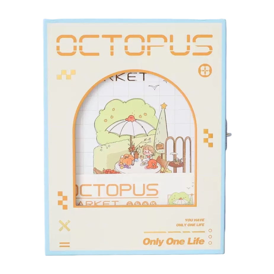 浅蓝色边框的Octopus Market主题收纳盒，正面有拱形窗景插画，内含卡通人物野餐场景，上方印“OCTOPUS”橙色字样，下方有“Only One Life”标语，整体为米白底色配橙黄装饰元素白底实物图