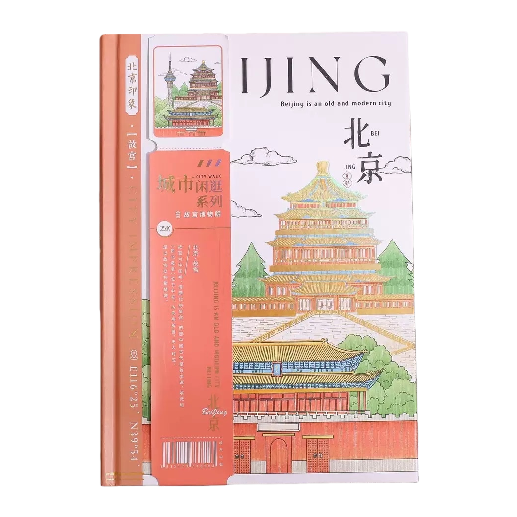 "Beijing Impression: City Stroll Series Illustration Books with Orange and White covers featuring the Temple of Heaven and the landmarks of the Forbidden City. Item Picture