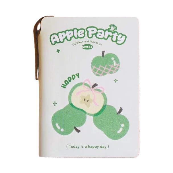 The cover of the white notebook is printed with a green Apple pattern and the words "Apple Party" Item Picture