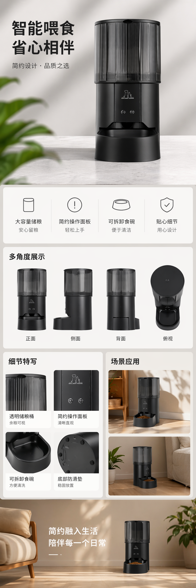 黑色智能喂食器 宠物自动定时定量喂食器 适用猫狗 带wifi版 pic 1