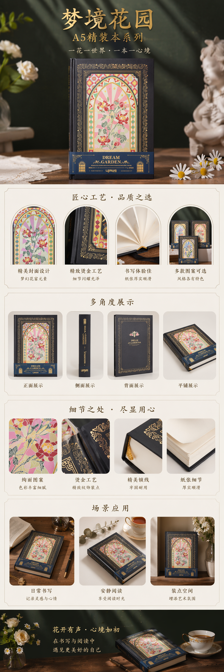 彩色花卉图案精装笔记本 学生办公记事本 大容量横线内页 pic 1