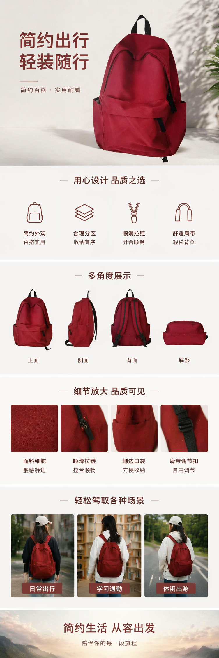 红色时尚休闲双肩背包轻便大容量学生通勤旅行包详情1