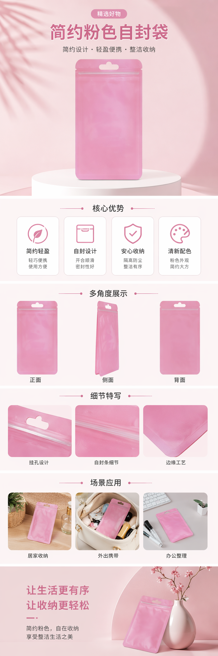 粉色食品级密封袋 加厚防漏保鲜袋 家用厨房收纳袋详情1