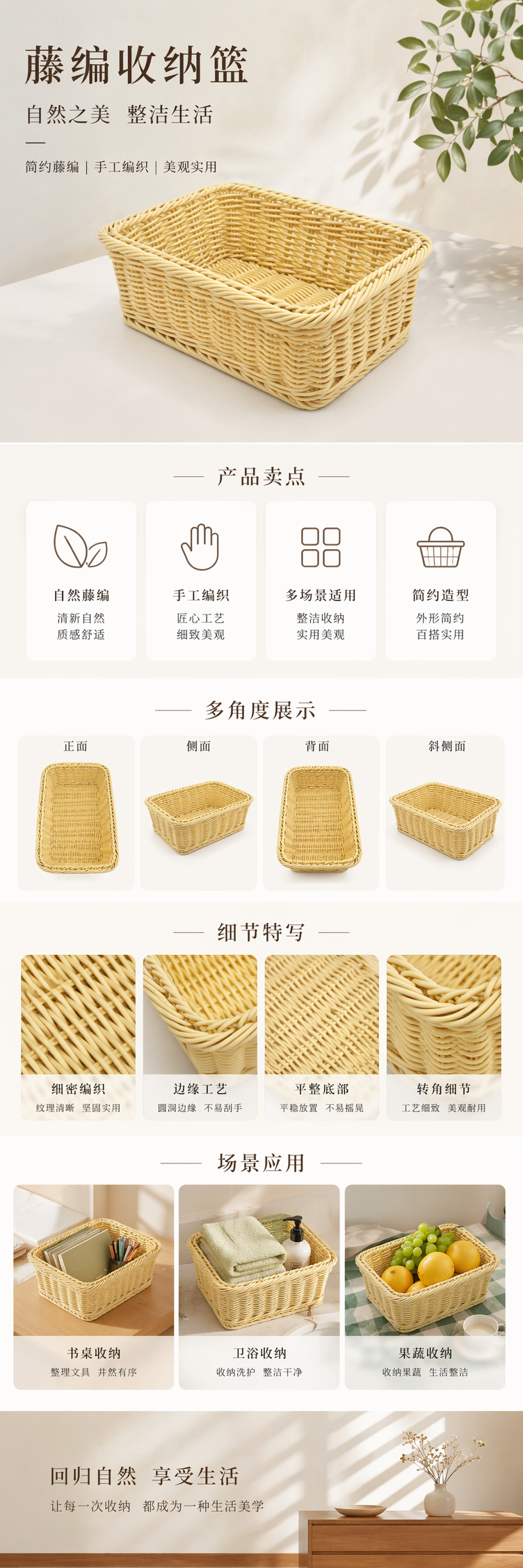 黄色编织篮家用收纳篮客厅卧室储物篮藤编风手工编织 pic 1