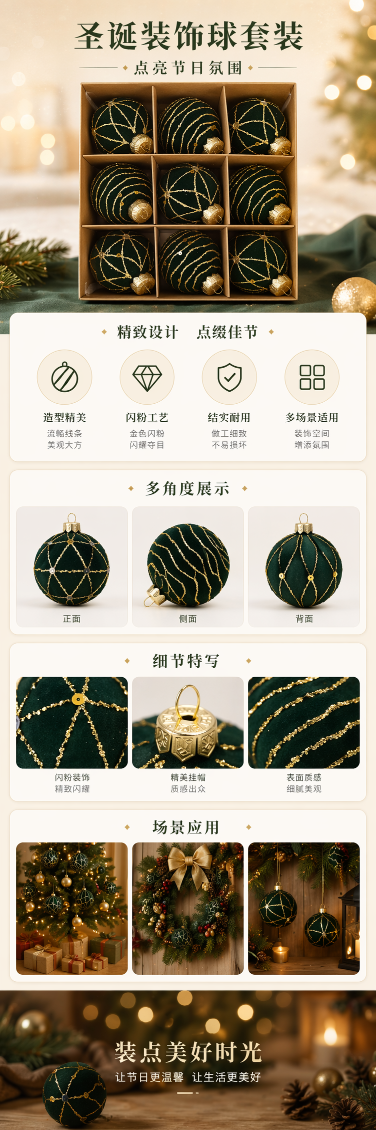 绿色金线装饰圣诞球节日氛围挂饰礼盒装详情1