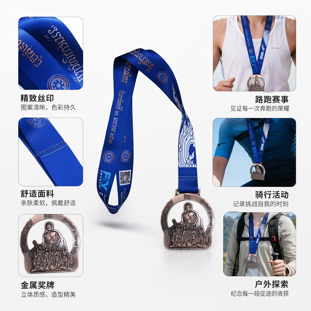 蓝色挂绳奖牌定制金属圆形运动赛事纪念奖章