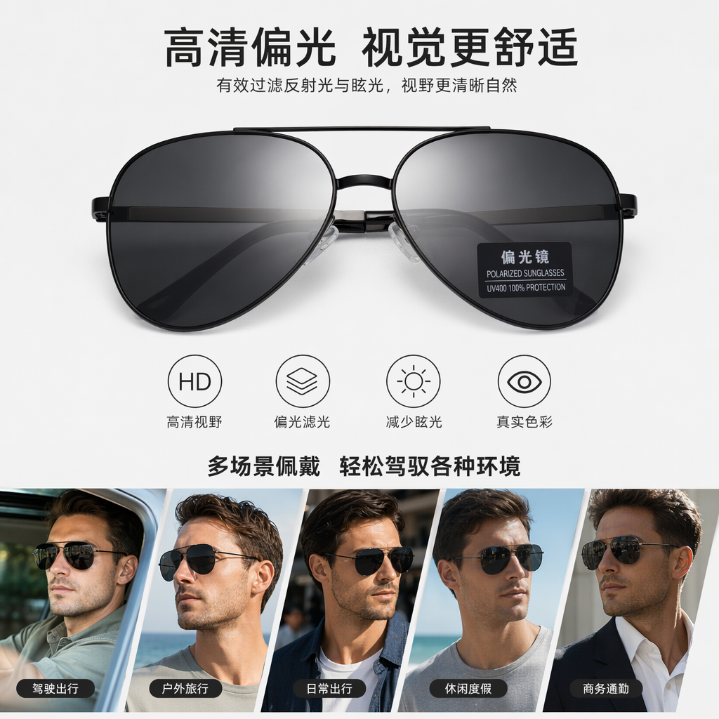 Black sunglasses, fashionable polarized sunglasses for both men and women, UV400 UV protection