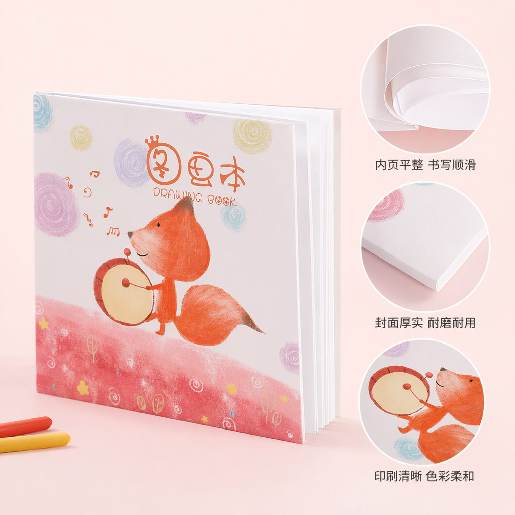 橙色狐狸敲鼓绘画本封面 儿童创意涂鸦本外封设计