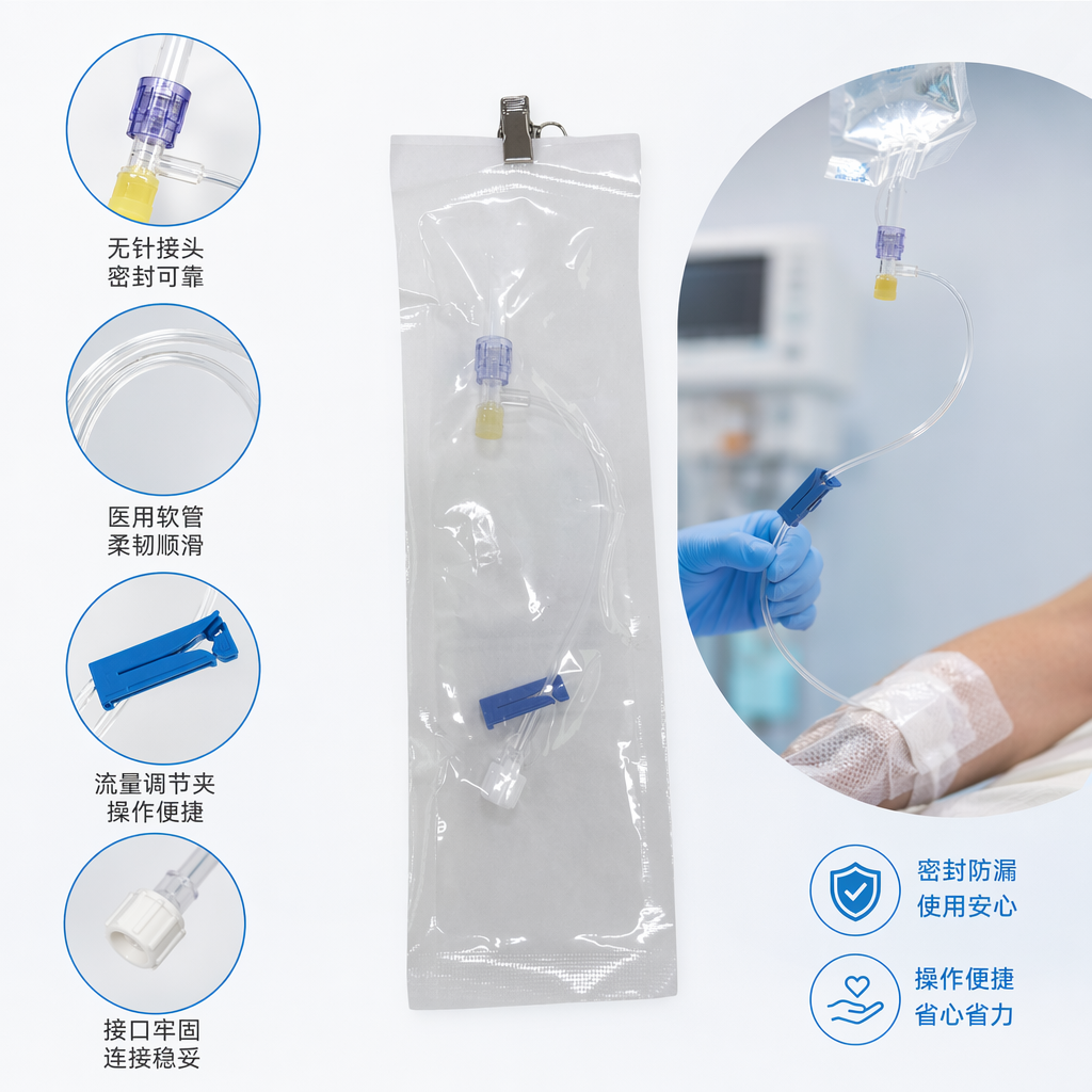 医用输液器透明塑料袋包装含蓝色接头黄色药液残留