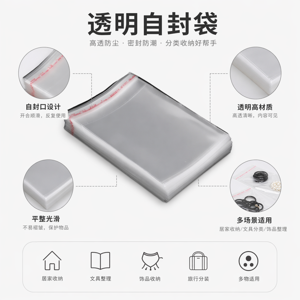 透明自粘袋堆叠式收纳袋家用整理袋可重复使用