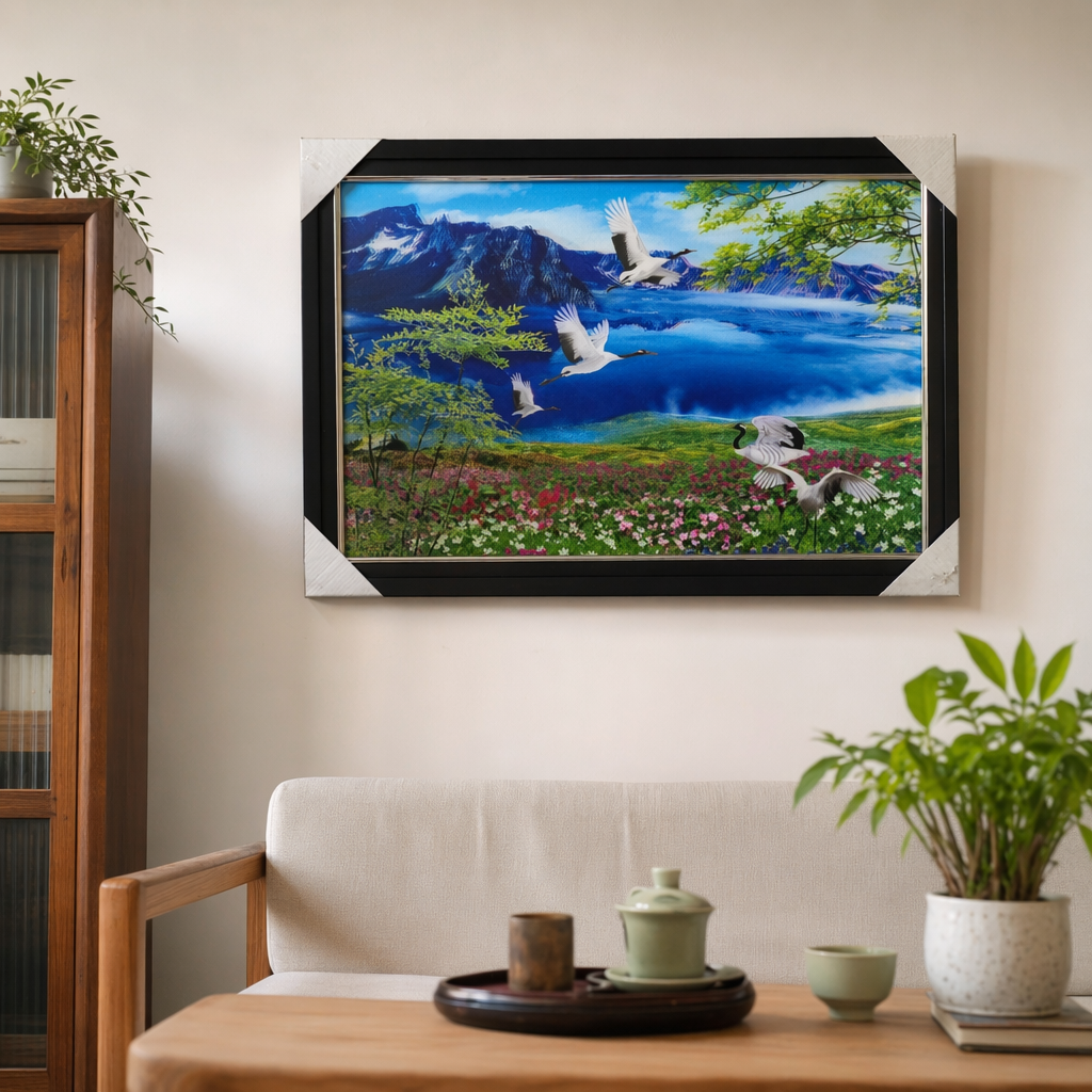 彩色山水画，画中有白鹤飞过花海与青山绿水间产品图