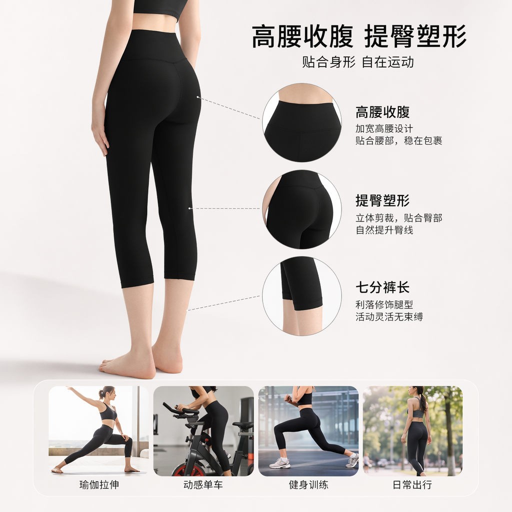 黑色七分瑜伽裤女高弹力显瘦模特同款