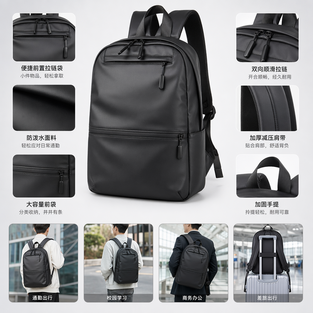 黑色尼龙耐磨通勤背包 30L大容量轻量设计