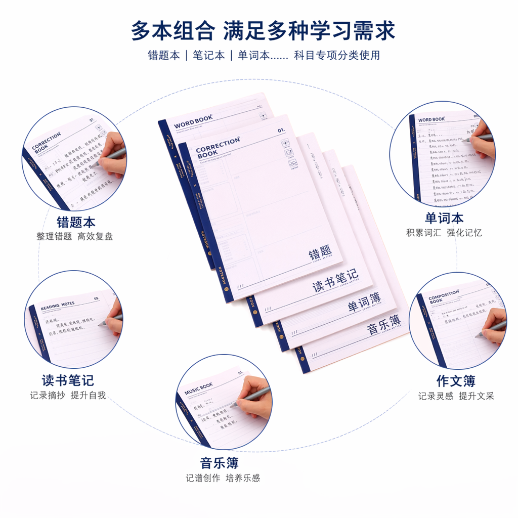 蓝白配色多功能笔记本套装 错题本单词簿作文簿音乐簿读书笔记含中英标题手翻页细节