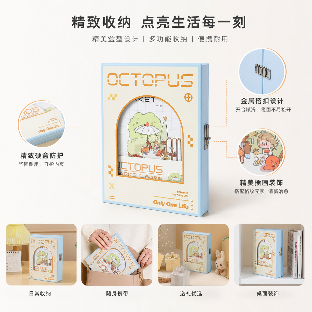 Octopus Market浅蓝色边框收纳盒 米白底橙黄装饰拱形窗景野餐插画图