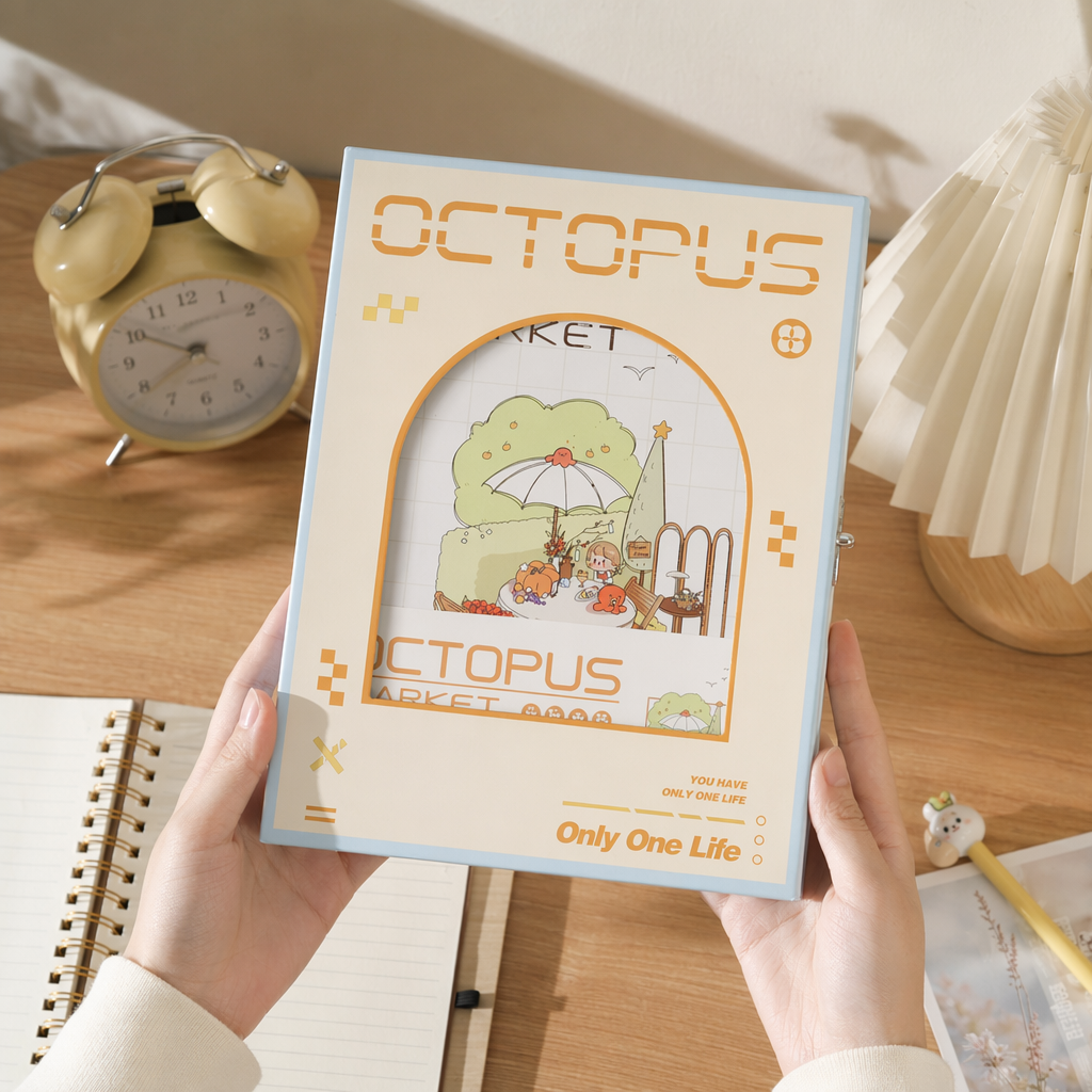 浅蓝色边框的Octopus Market主题收纳盒，正面有拱形窗景插画，内含卡通人物野餐场景，上方印“OCTOPUS”橙色字样，下方有“Only One Life”标语，整体为米白底色配橙黄装饰元素产品图