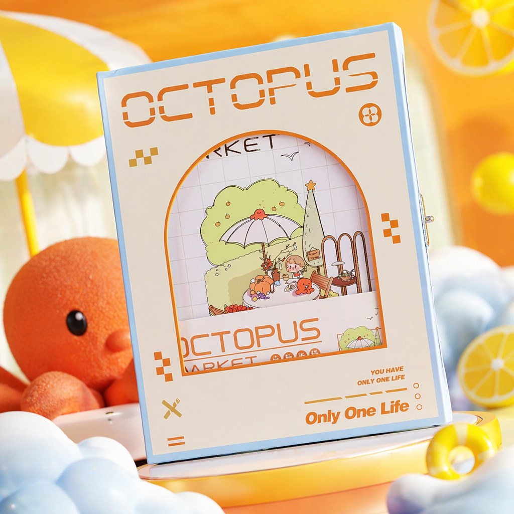浅蓝色边框的Octopus Market主题收纳盒，正面有拱形窗景插画，内含卡通人物野餐场景，上方印“OCTOPUS”橙色字样，下方有“Only One Life”标语，整体为米白底色配橙黄装饰元素细节图