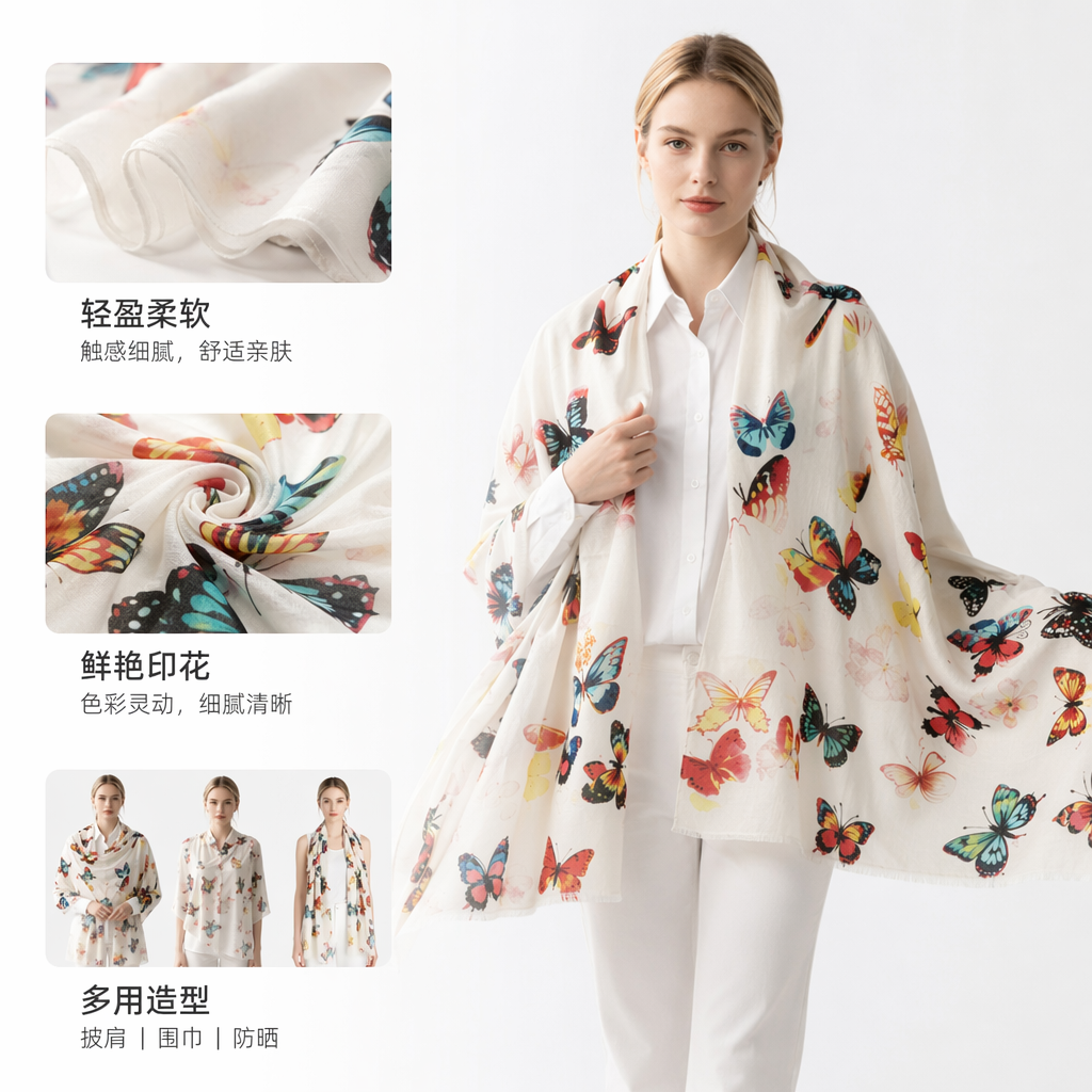 彩色蝴蝶印花羊毛围巾女秋冬保暖时尚配饰