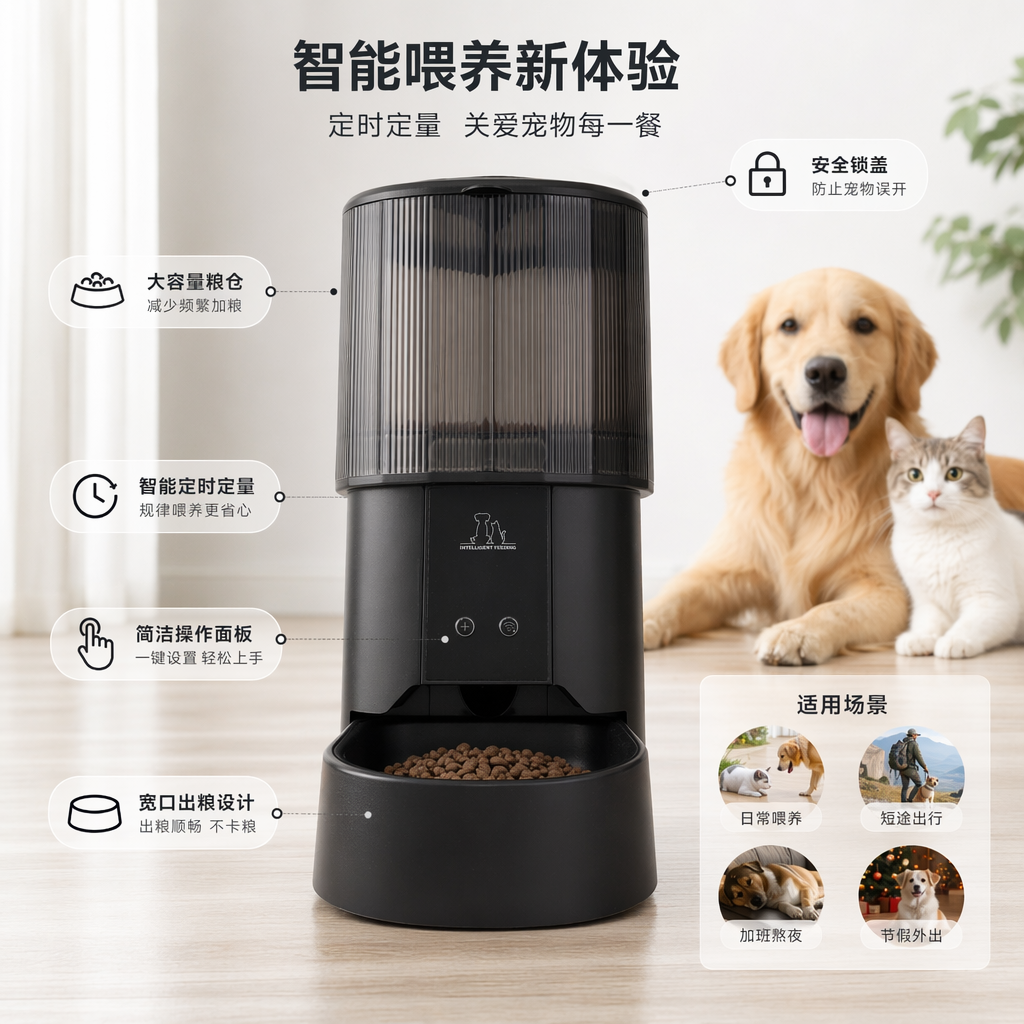 The black smart feeder is an automatic timed and quantified feeding device for pets, suitable for cats and dogs with wifi