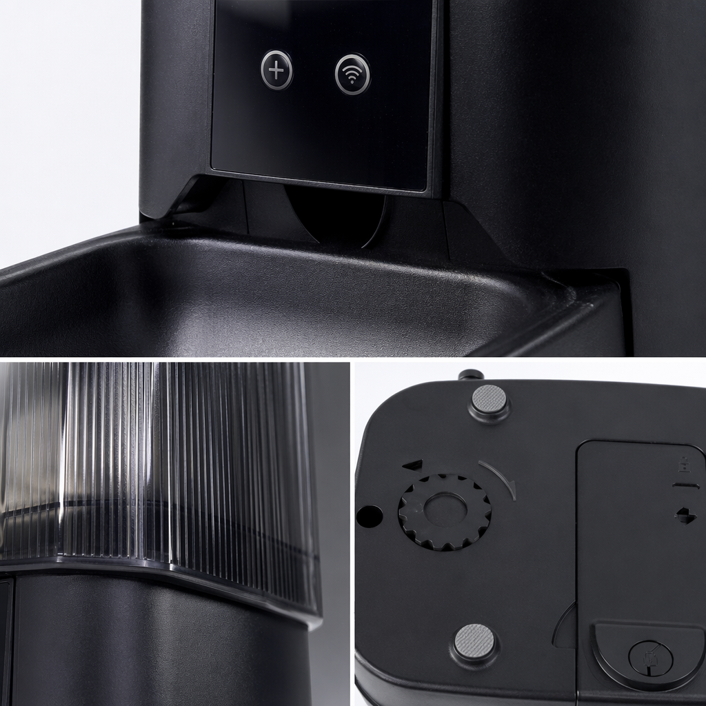 The black smart feeder is an automatic timed and quantified feeding device for pets, suitable for cats and dogs with wifi Application Scenario