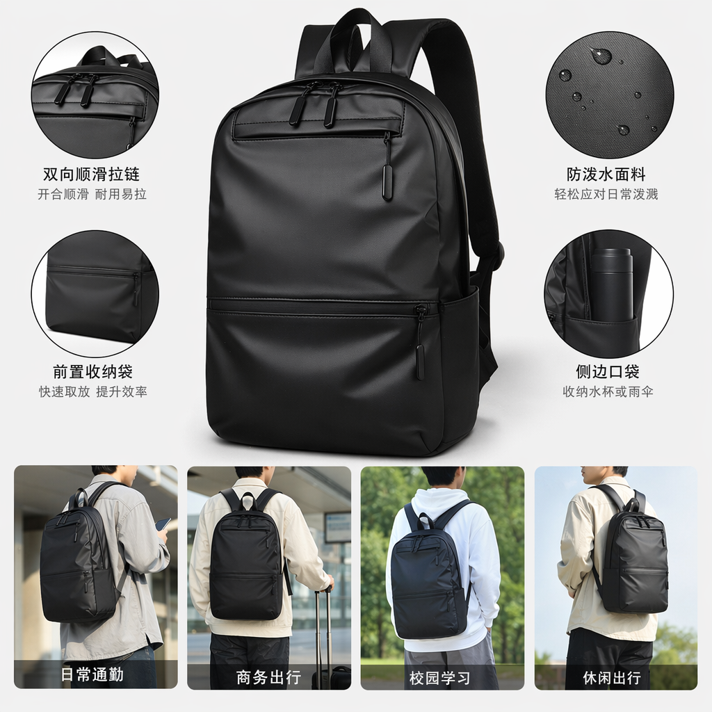 黑色高弹力聚酯通勤背包轻便抗压日常出行
