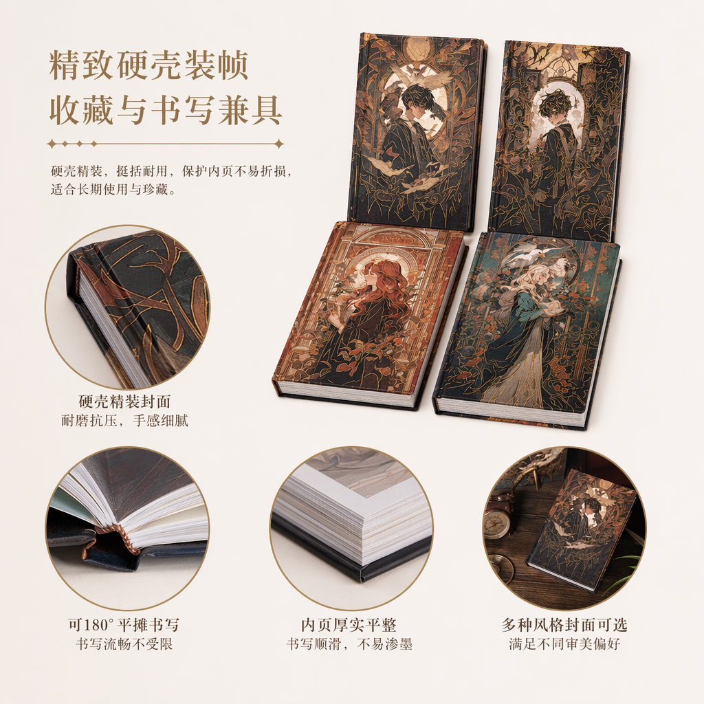 四本魔法友谊精装笔记本 竖立插画奇幻角色木质台面暖光