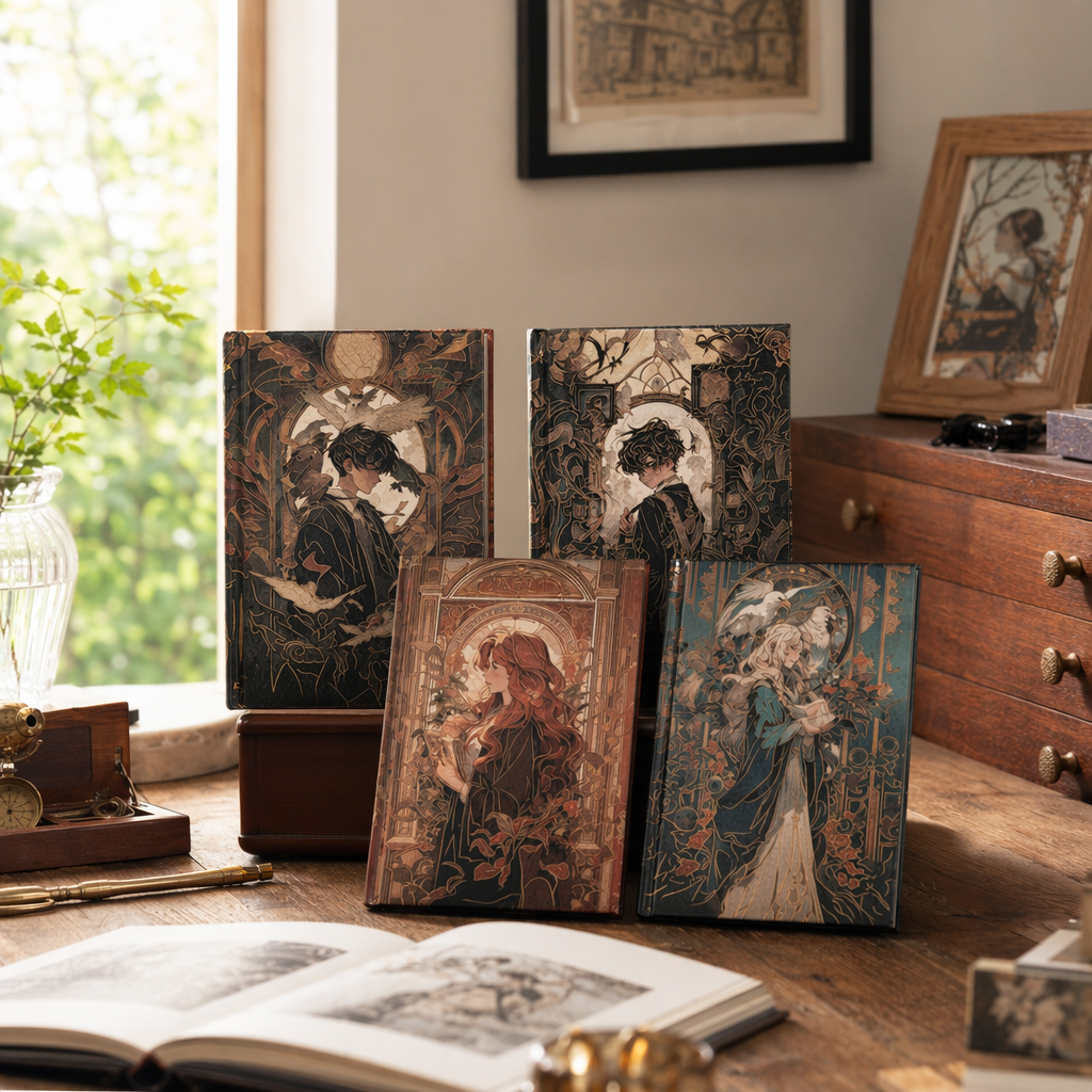 Four Magic Friendship hardcover notebooks with upright illustrations, fantasy characters, and warm wooden countertops details Picture