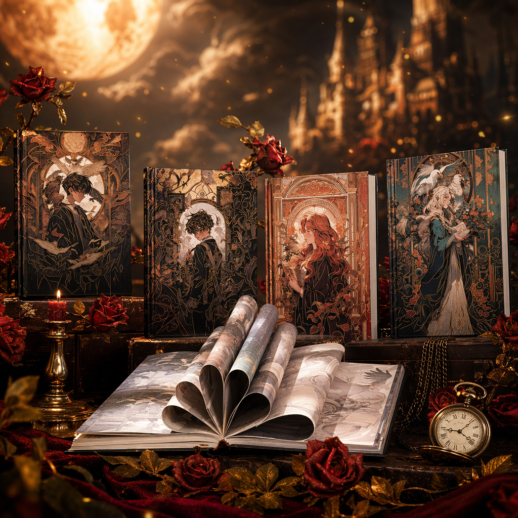 Four Magic Friendship hardcover notebooks with upright illustrations, fantasy characters, and warm wooden countertops Specification image