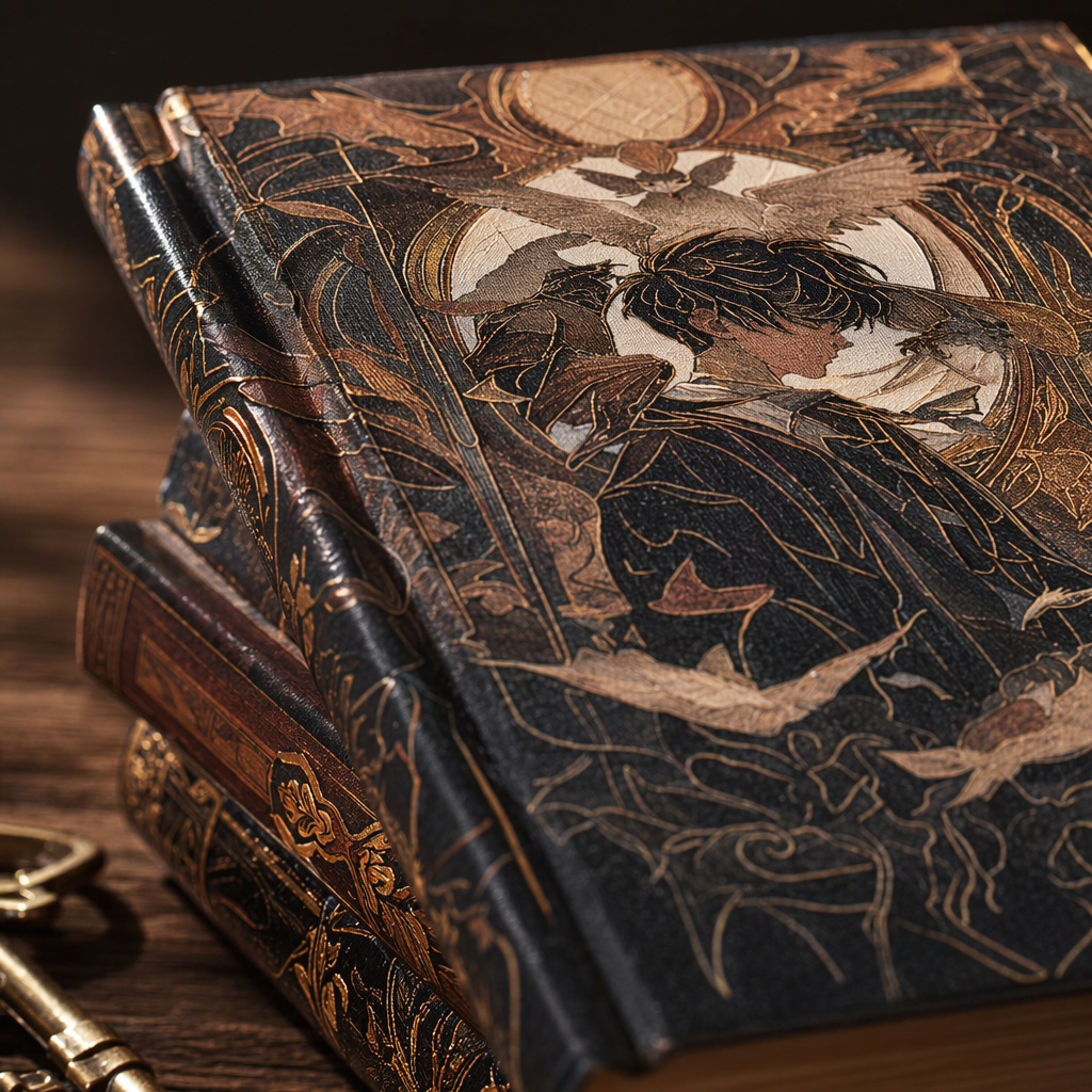Four Magic Friendship hardcover notebooks with upright illustrations, fantasy characters, and warm wooden countertops Application Scenario