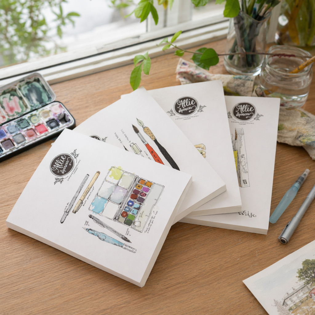 ALLIE SPENCER hand-painted watercolor paint box, brush illustration, white notebook, wooden desktop, stacked style details Picture