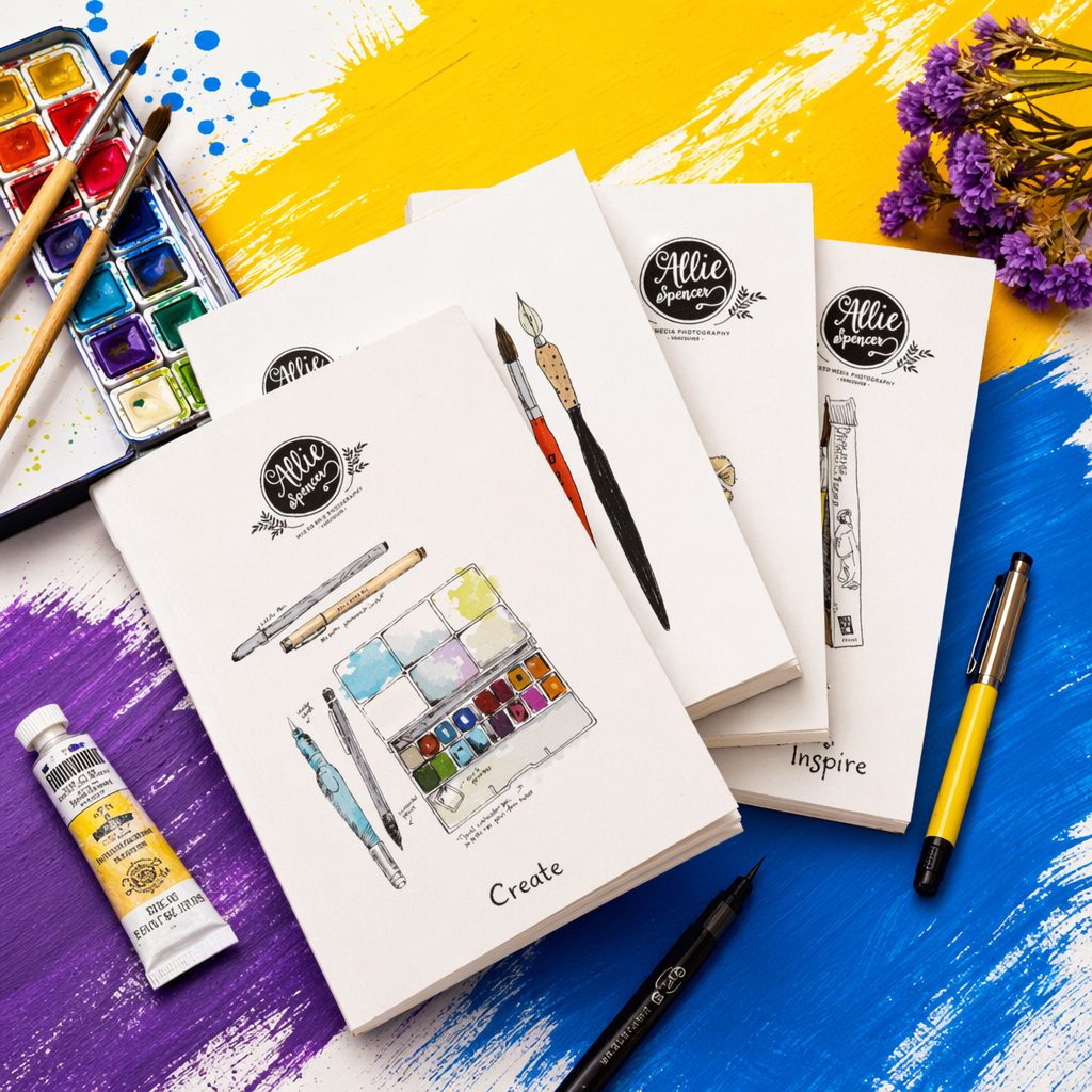 ALLIE SPENCER hand-painted watercolor paint box, brush illustration, white notebook, wooden desktop, stacked style Specification image