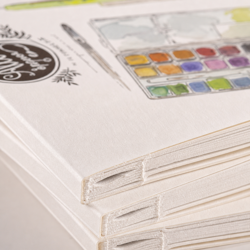 ALLIE SPENCER hand-painted watercolor paint box, brush illustration, white notebook, wooden desktop, stacked style Application Scenario