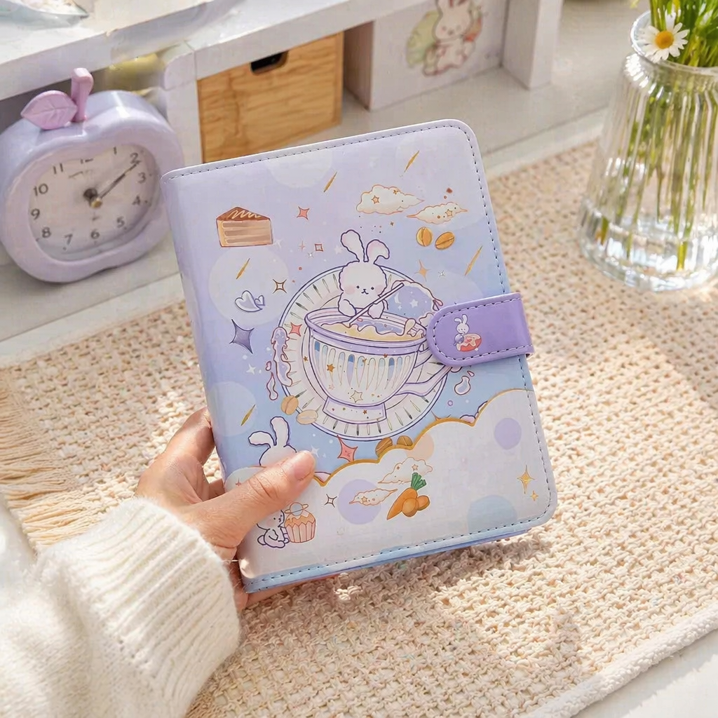A light purple cartoon rabbit tea-making notebook with purple magnetic clasp straps featuring star, cloud and cake patterns details Picture