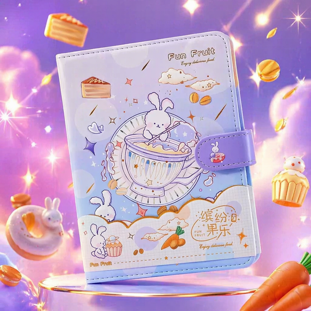 A light purple cartoon rabbit tea-making notebook with purple magnetic clasp straps featuring star, cloud and cake patterns Specification image