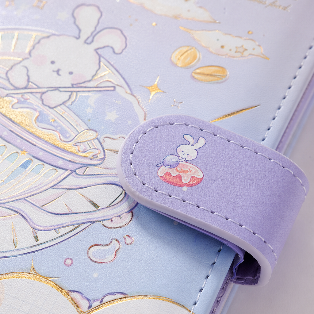 A light purple cartoon rabbit tea-making notebook with purple magnetic clasp straps featuring star, cloud and cake patterns Application Scenario