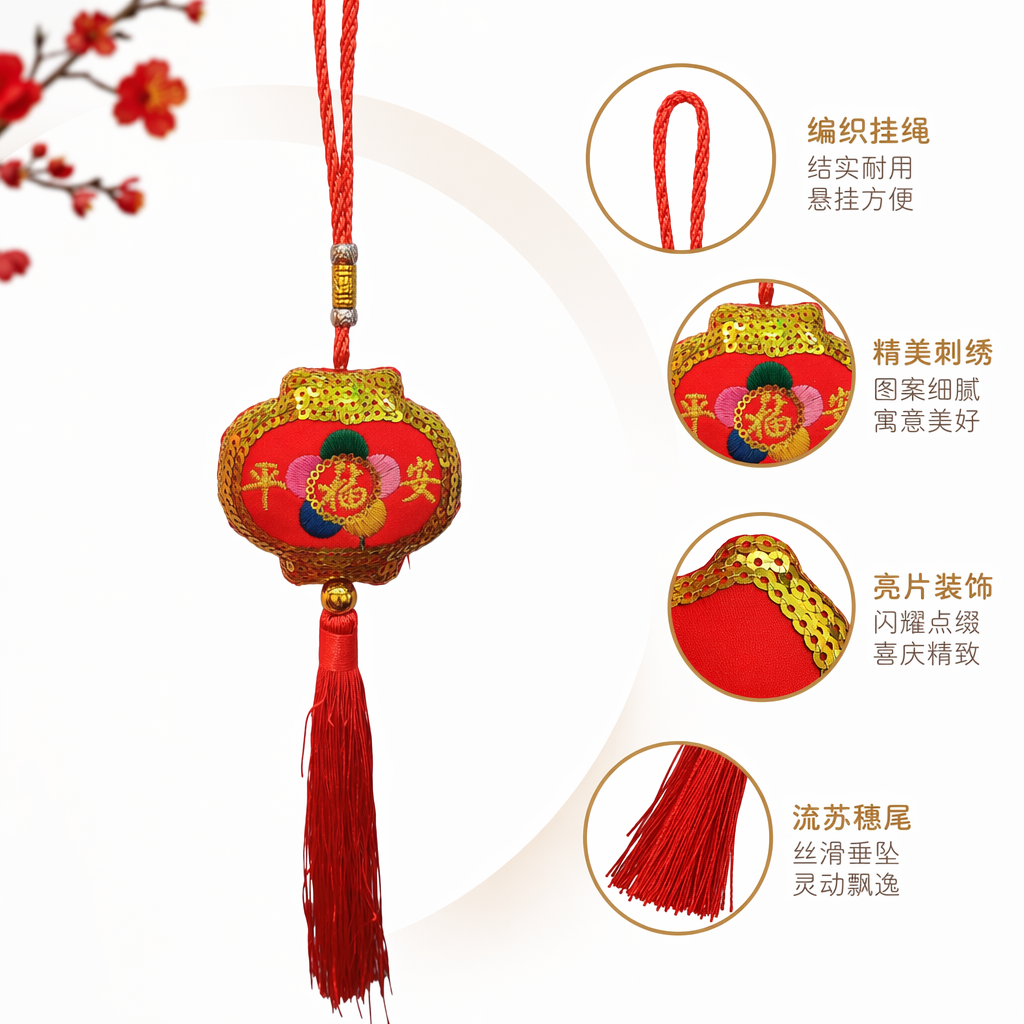 红色刺绣福字灯笼挂饰 平安福彩花金边亮片流苏