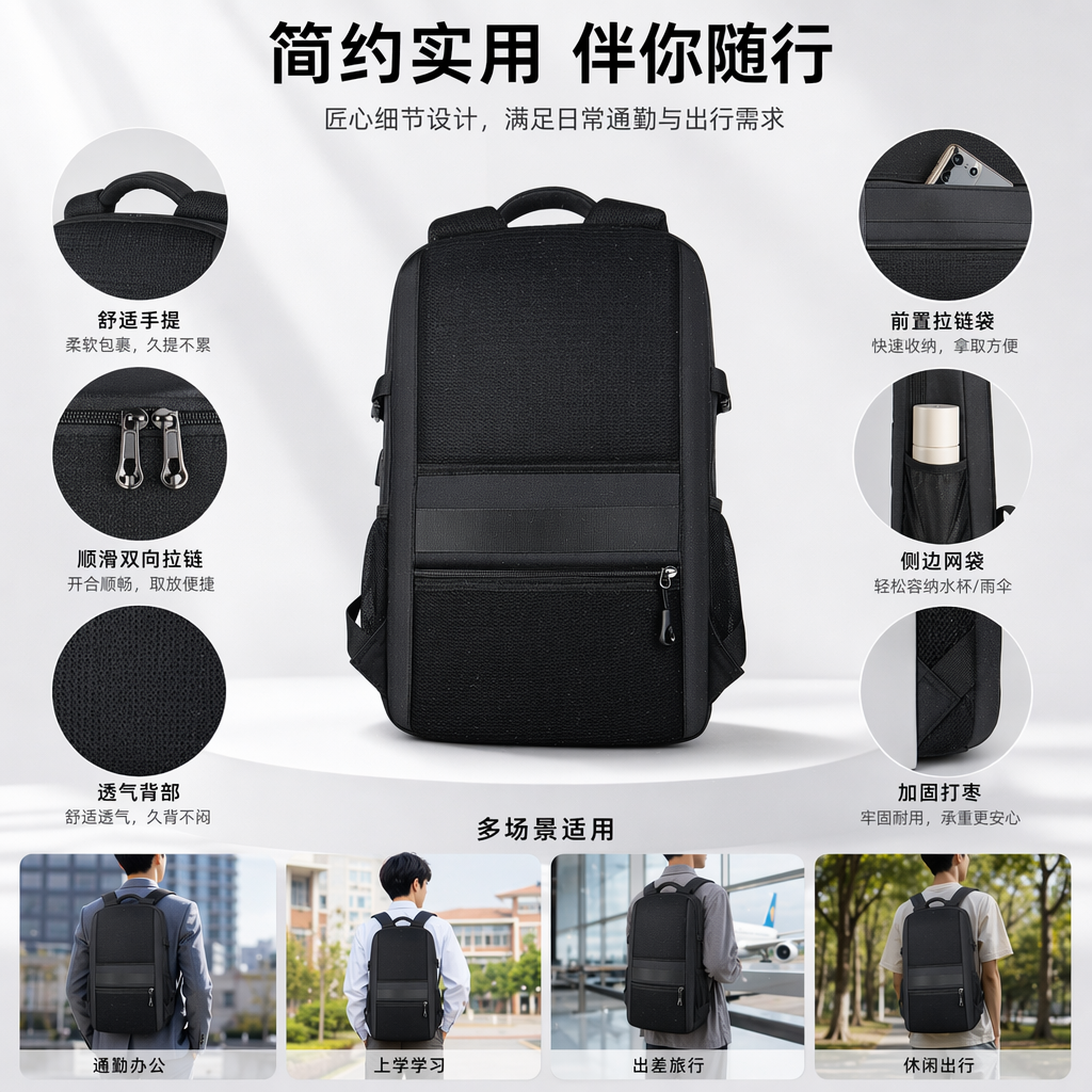 黑色尼龙耐磨双肩背包学生通勤轻量防水旅行包