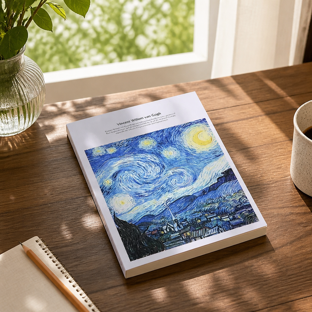 A simple and artistic notebook featuring Van Gogh's starry Night paintings details Picture