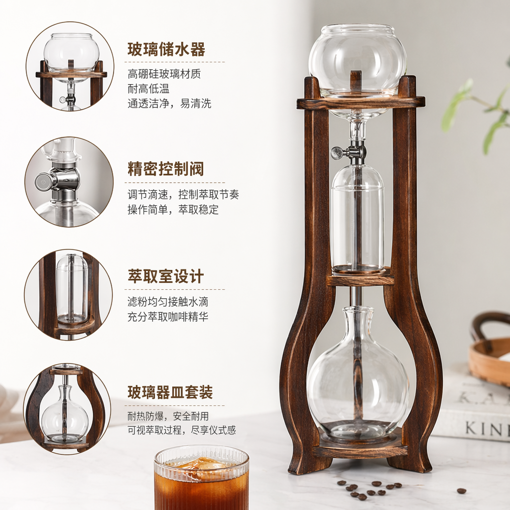 木质支架玻璃滴漏咖啡壶 手冲咖啡器具 家用简约风