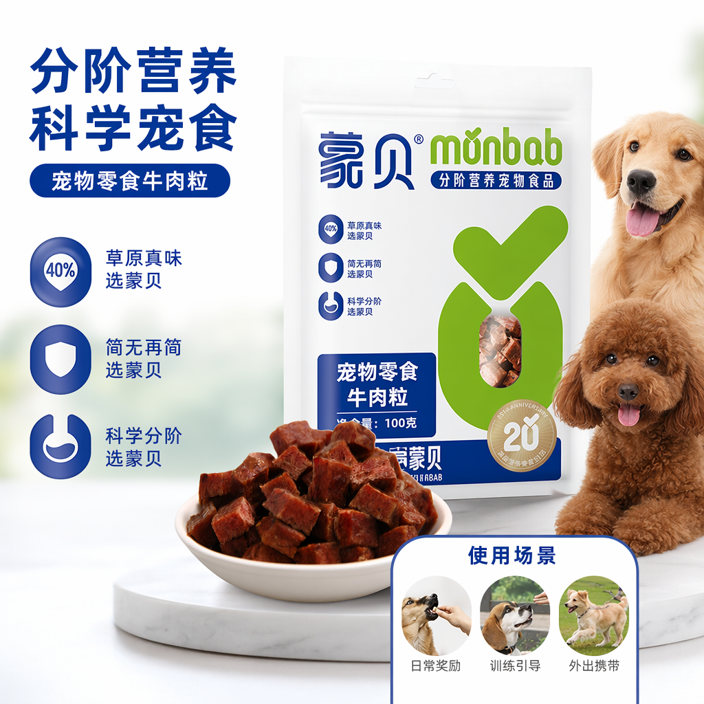 蒙贝红色牛肉粒零食白色碗装宠物食品包装袋