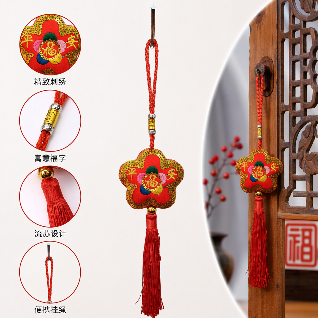 红色五角星刺绣挂饰 边缘镶金亮片 中心福字彩色圆球 两侧平安 红绳金银珠饰红流苏